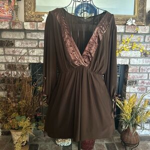 Talent Vintage Brown Blouse Long Sleeve,Tie Straps And Satin Ribbon Details